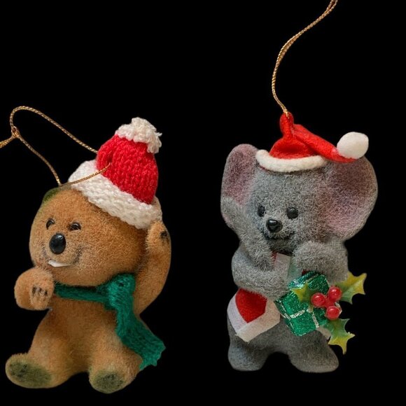 Two VTG Morgan Inc Flocked Christmas Ornaments Bucky Beaver & Twinkle Mouse 107E - Picture 2 of 5